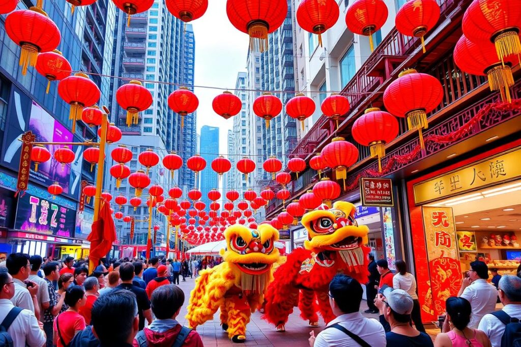 Chinese New Year celebrations in Hong Kong with lanterns and decorations, cultural event in a Hong Kong travel guide