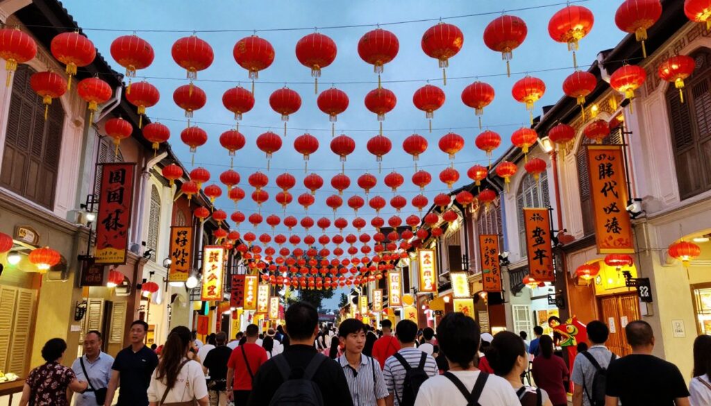Chinese New Year decorations on Jonker Street Malacca with lanterns