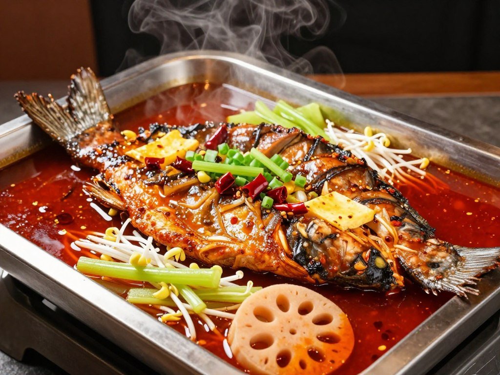 Chongqing grilled fish on metal tray with spicy broth and vegetables