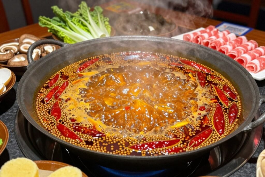Chongqing hotpot experience with bubbling spicy broth and fresh ingredients