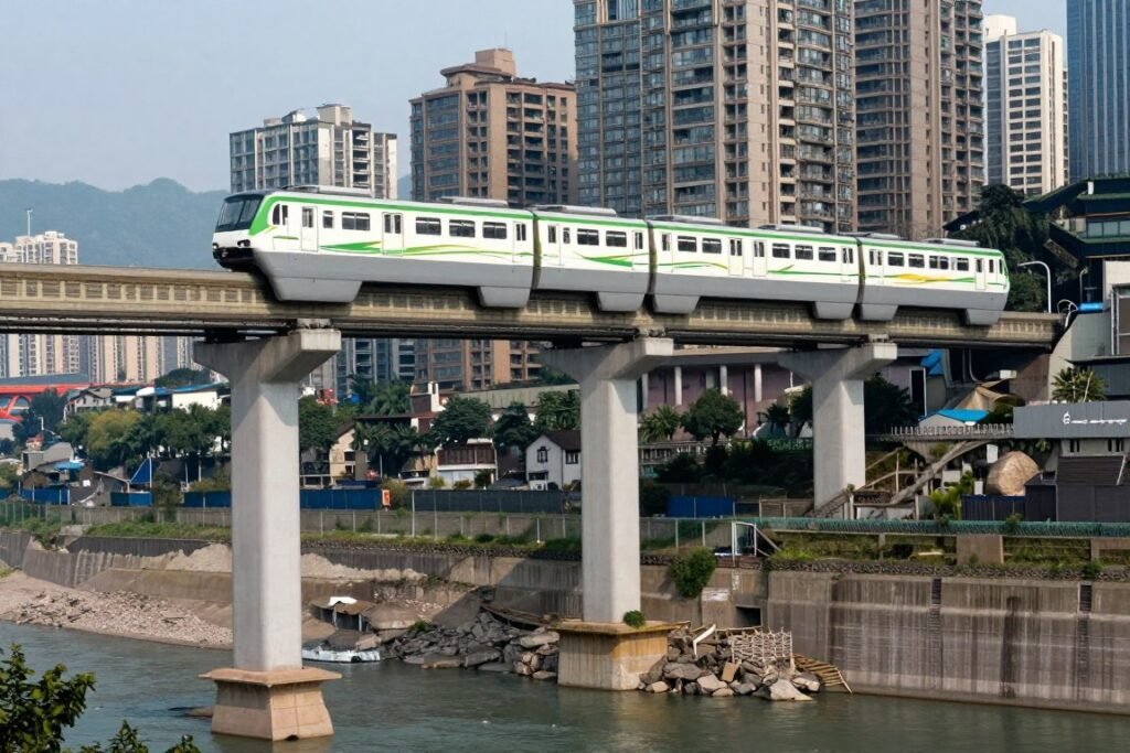 Chongqing metro train crossing bridge over Yangtze River