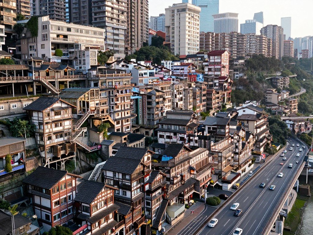 Chongqing mountain city architecture with buildings on steep terrain and river views