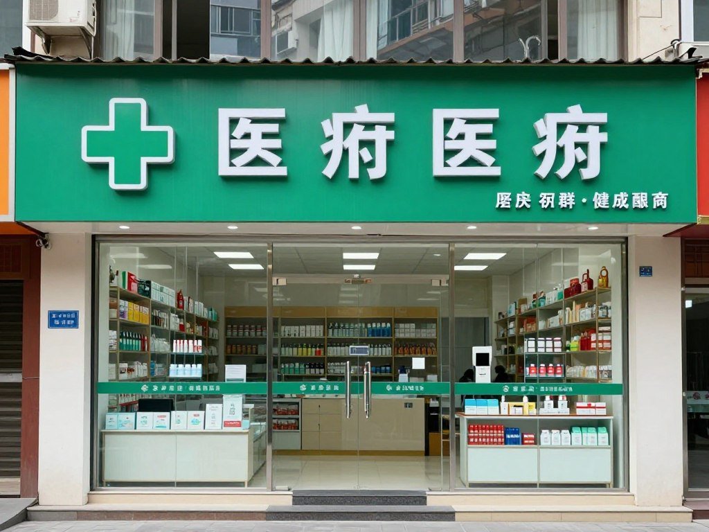 Chongqing pharmacy storefront with green cross medical sign