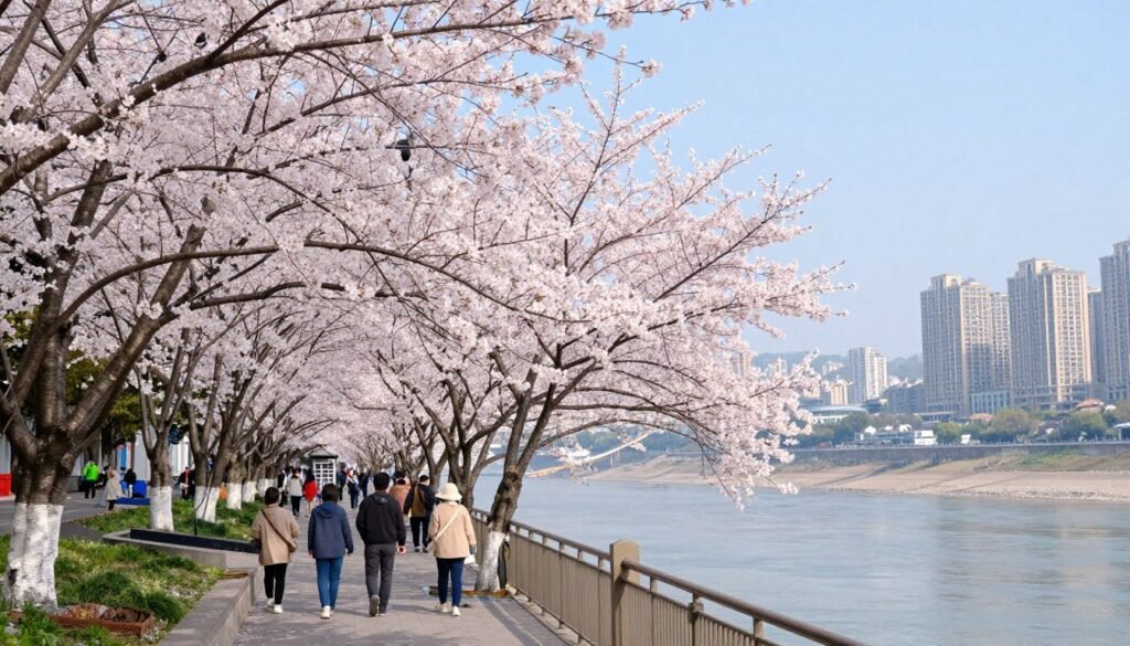 Chongqing spring scenery with cherry blossoms along river walkway