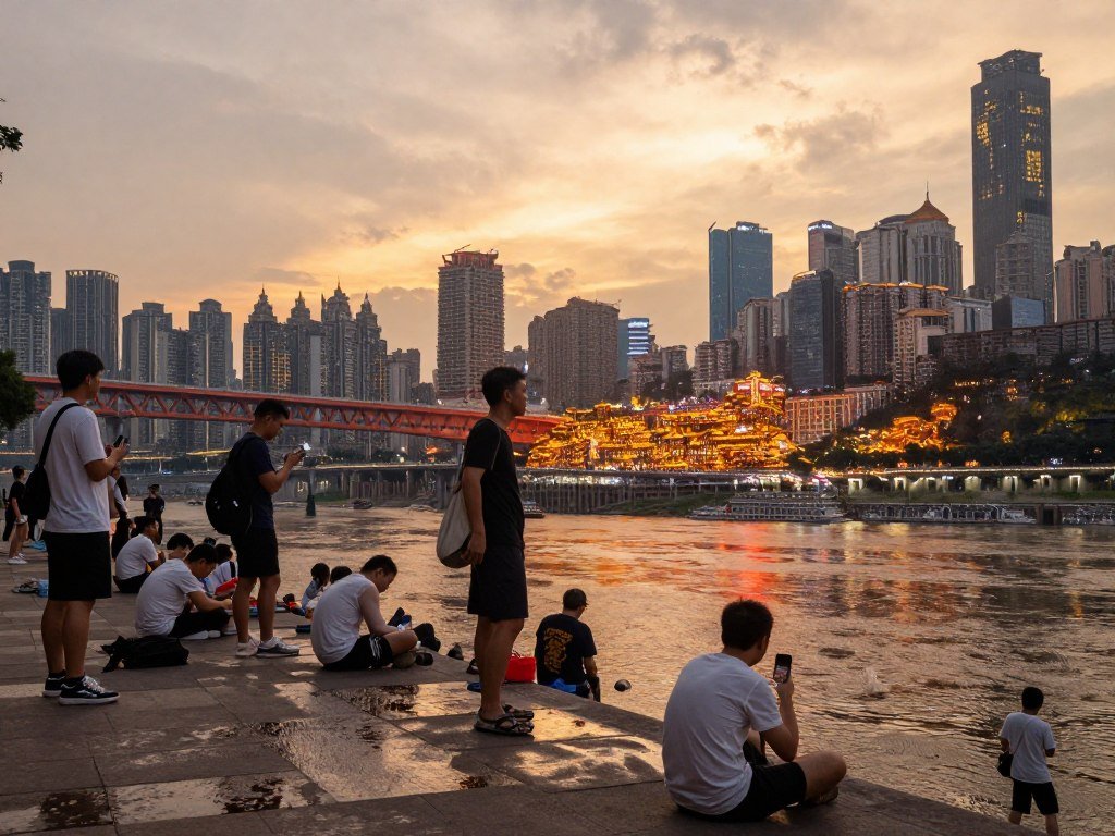 Chongqing summer evening with people enjoying riverside cooling areas