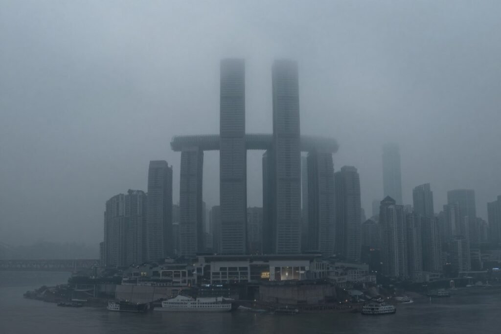 Chongqing winter fog over mountain city creating mysterious atmosphere