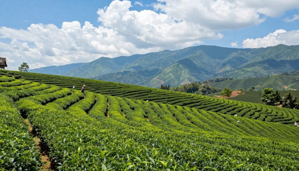 Choui Fong tea plantation in Chiang Rai with terraced tea fields and mountains