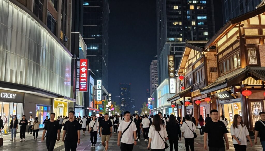 Chunxi Road shopping district at night with neon lights and crowds