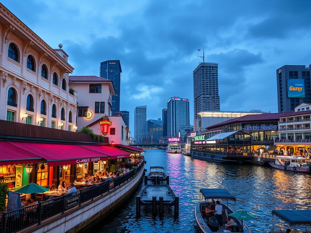 Clarke Quay riverside area, recommended for accommodation in Singapore travel guide
