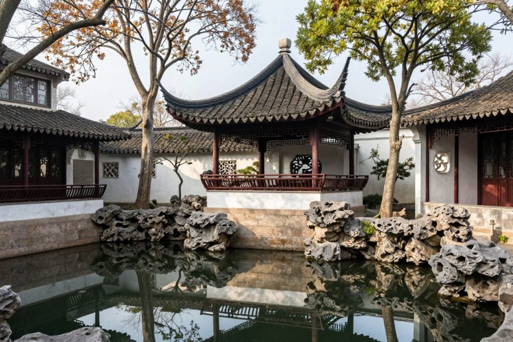 Classical Chinese garden with pavilion and pond in Suzhou