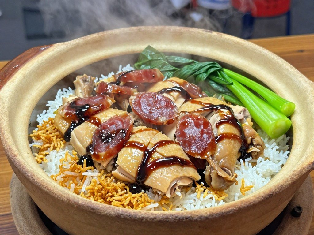 Claypot chicken rice in traditional clay pot with crispy rice crust