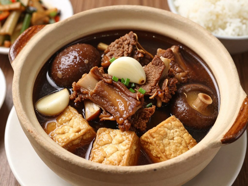 Claypot of bak kut teh with pork ribs in dark herbal broth representing Chinese Malaysian street food