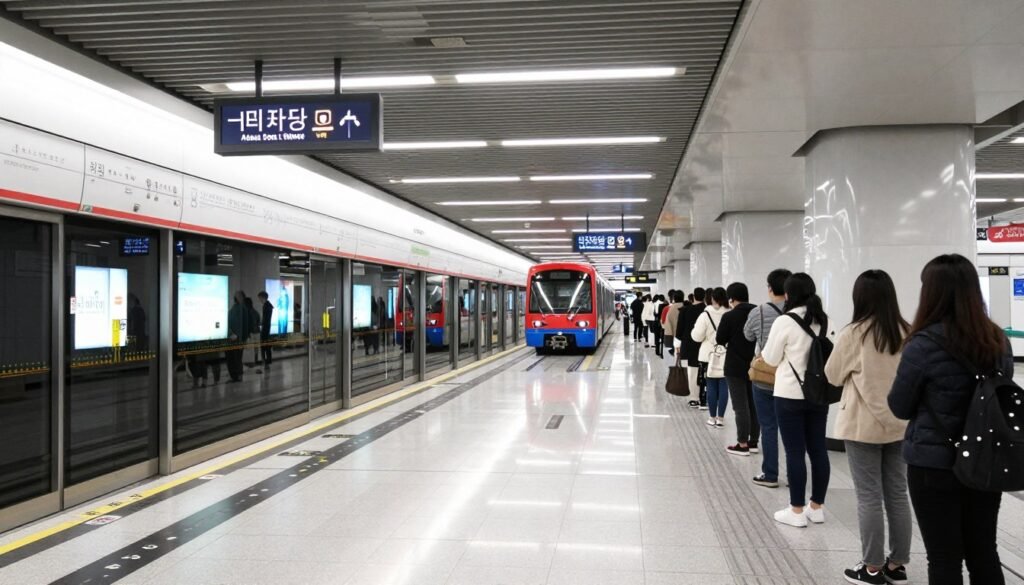 Clean and modern Seoul subway station platform with arriving train and passengers