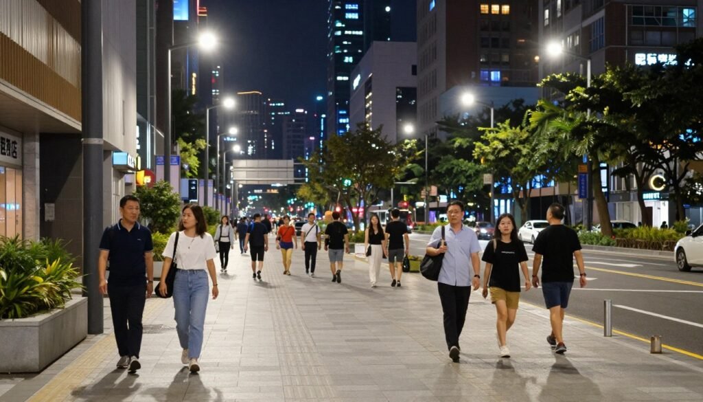 Clean and safe Taipei street at night with good lighting Clean and safe Taipei street at night with good lighting