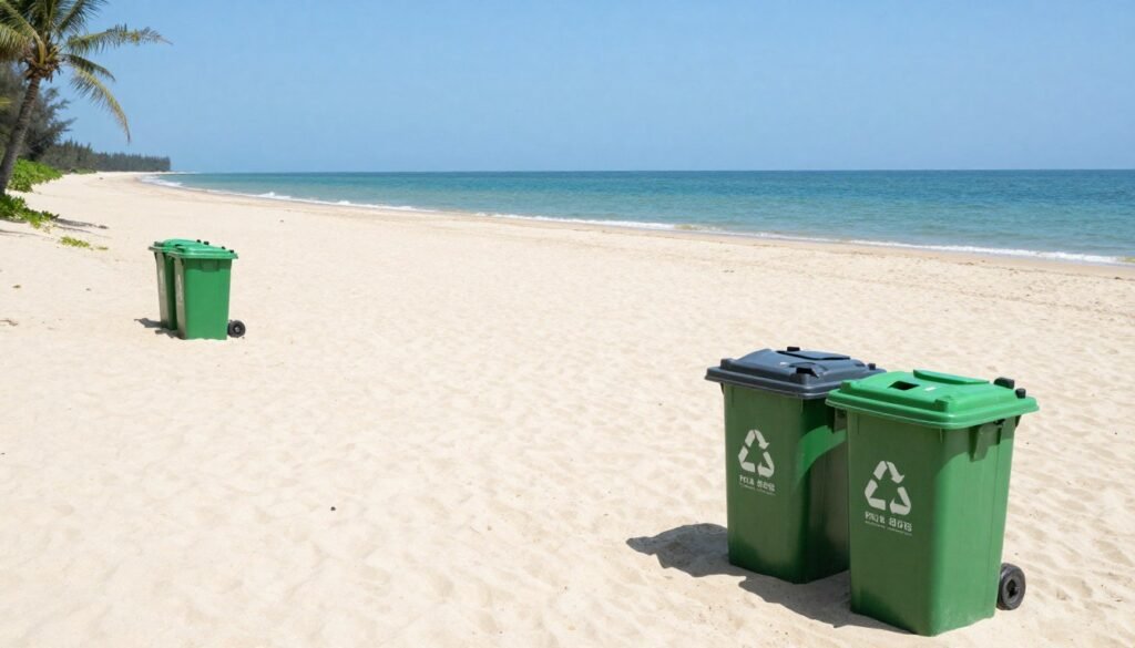 Clean beach with proper waste disposal bins
