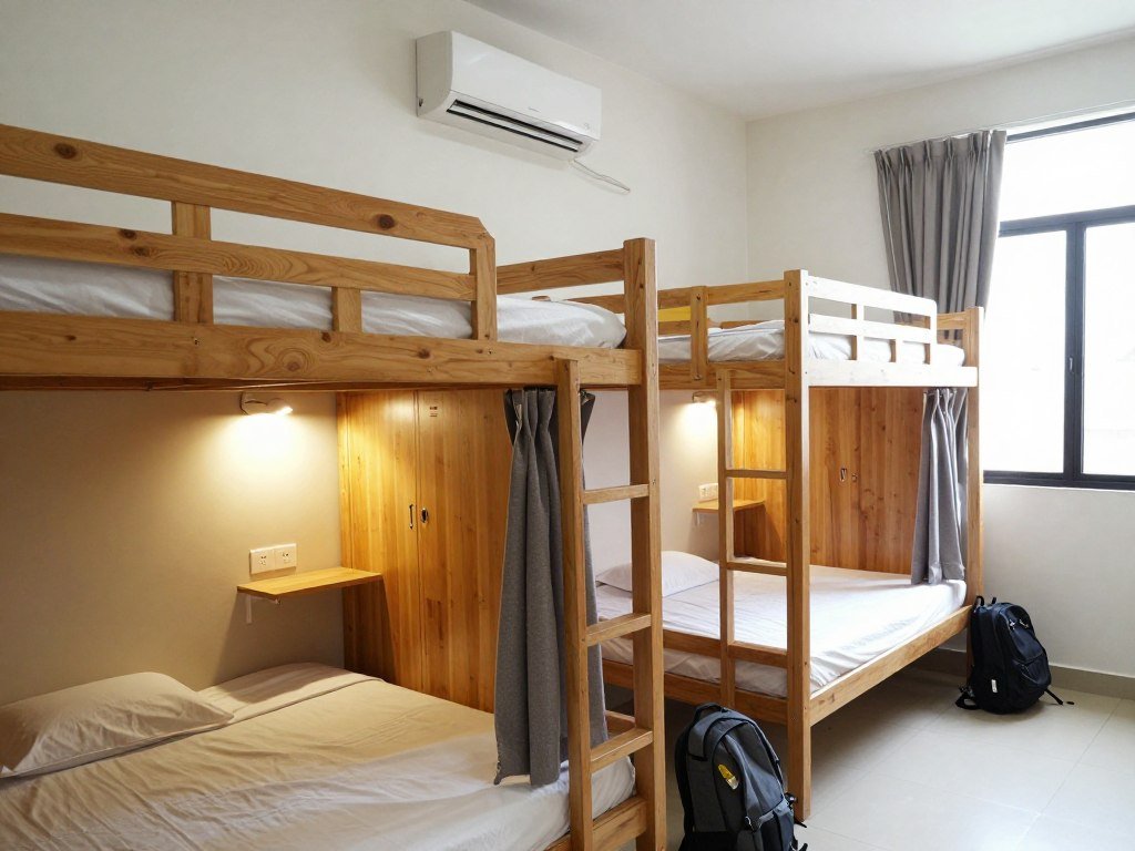 Clean budget hostel dorm room in Kuala Lumpur with bunk beds