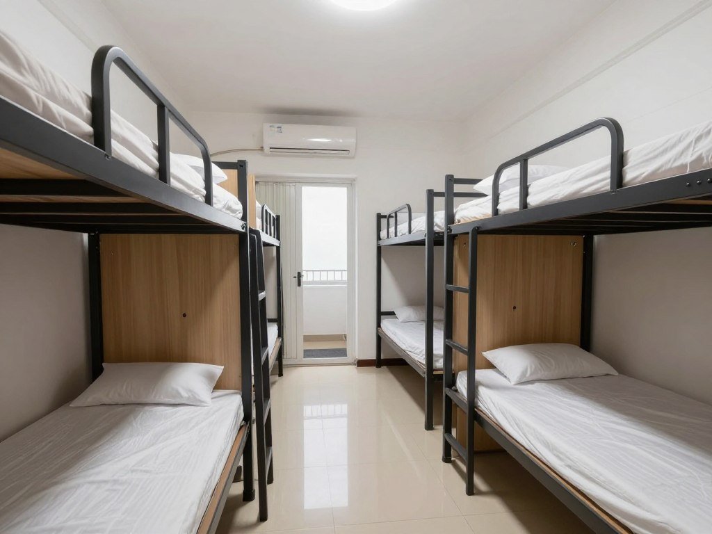 Clean hostel dormitory room with bunk beds