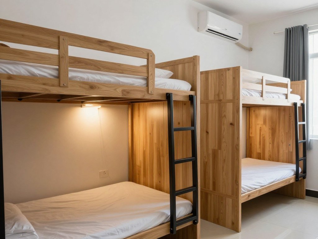 Clean hostel dormitory room with bunk beds