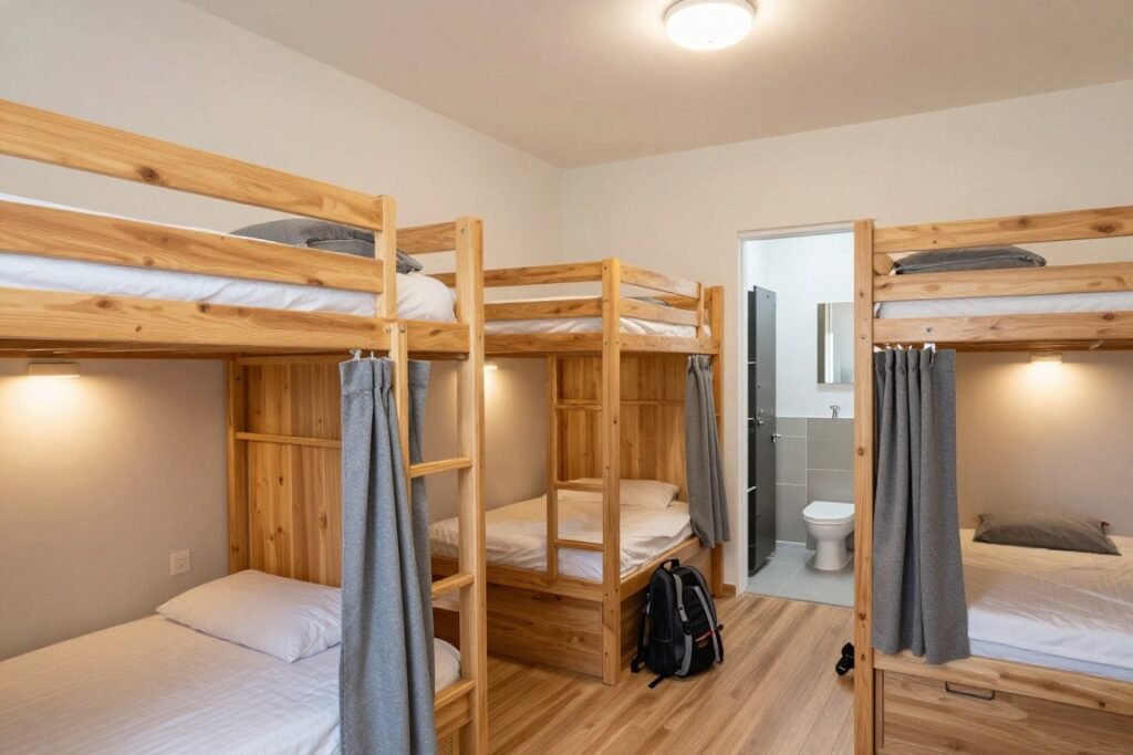 Clean hostel dormitory with bunk beds