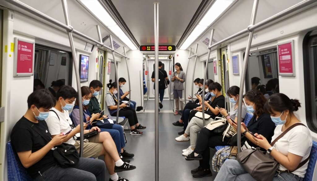Clean modern MRT train interior with passengers