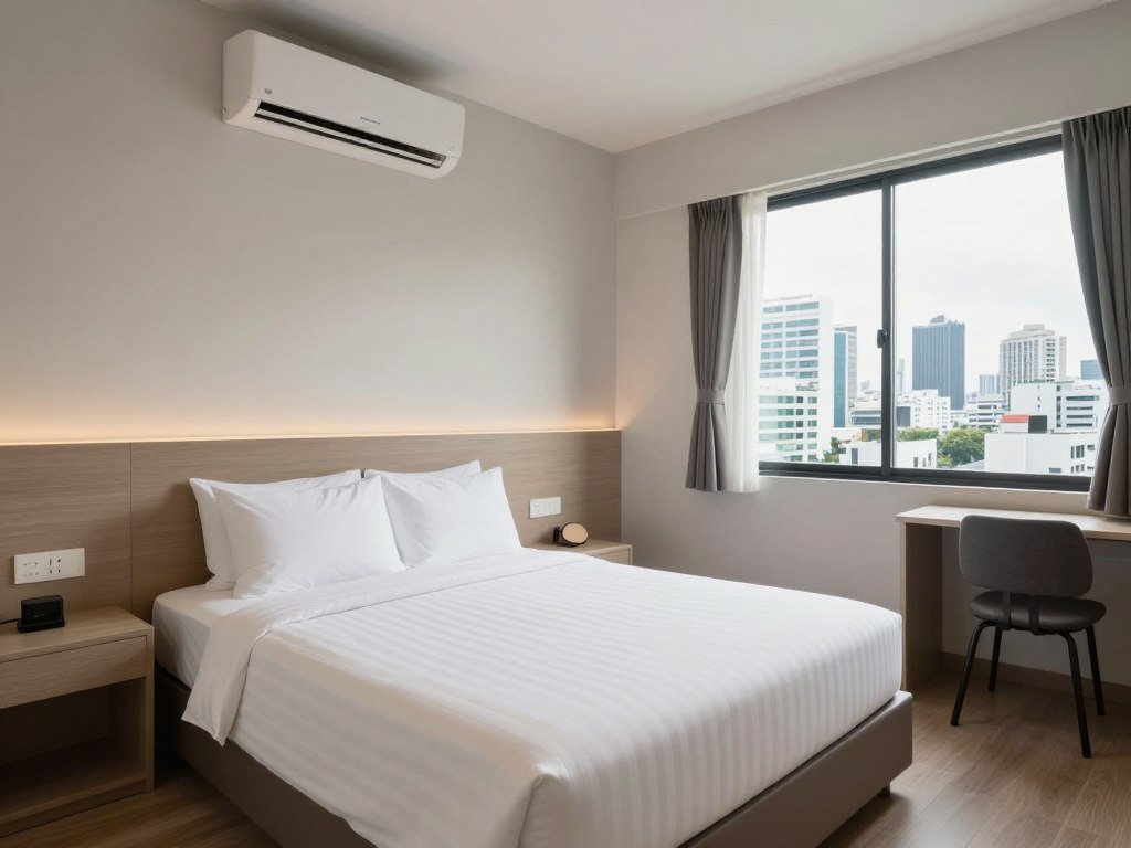 Clean modern budget hotel room in Bangkok with comfortable bed