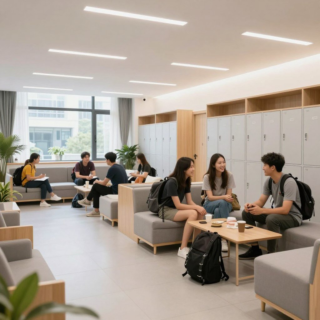 Clean modern hostel common area with travelers