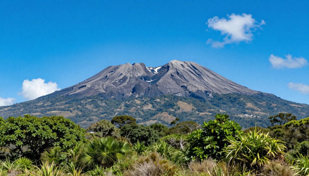 Clear blue sky over Mount Kinabalu during dry season with green vegetation