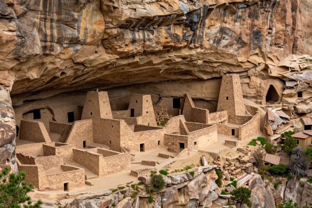 Cliff Palace ancient dwelling built into canyon wall at Mesa Verde