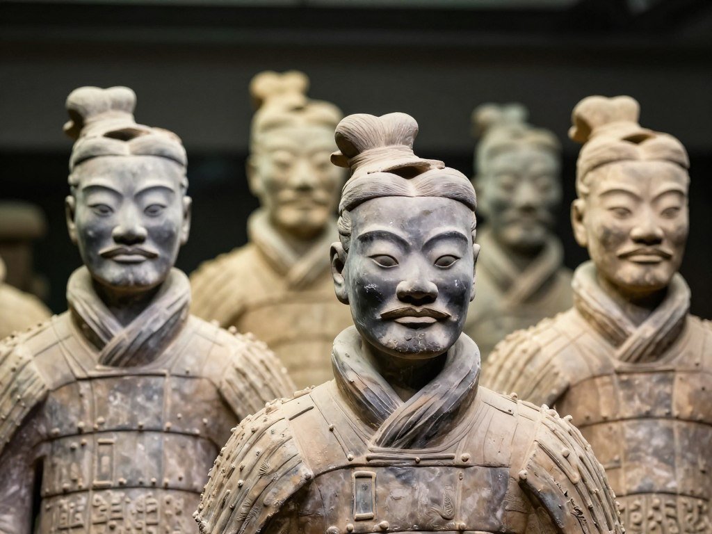 Close-up of Terracotta Warrior faces showing unique expressions
