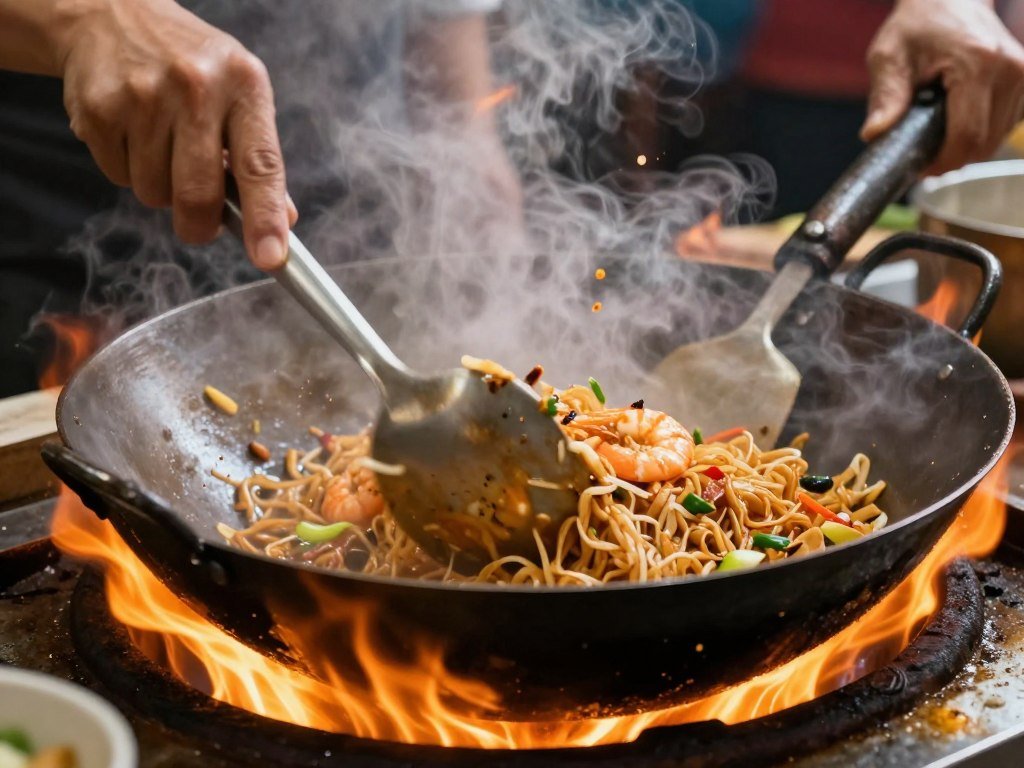 Close-up of char kway teow being cooked in wok with flames