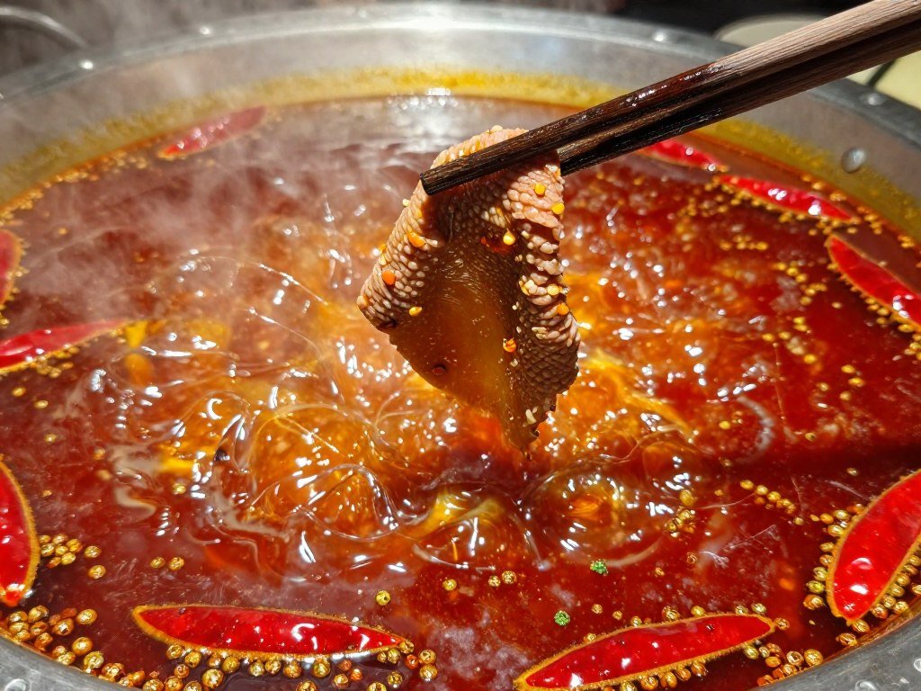 Close-up of cooking ingredients in spicy Chongqing hotpot broth