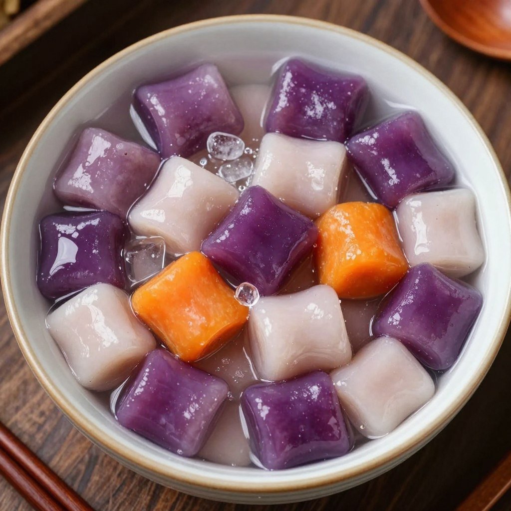 Close-up of famous Jiufen taro balls dessert in bowl with colorful balls