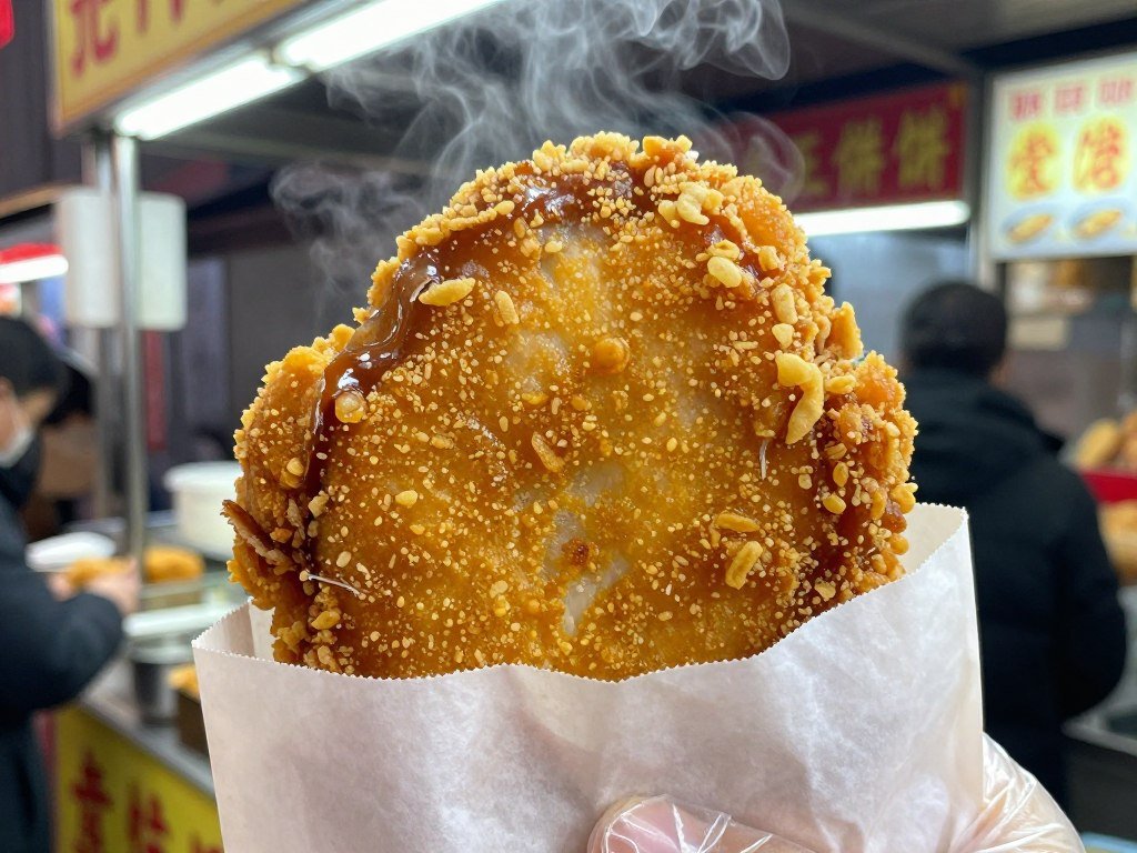 Close-up of giant fried chicken cutlet being served at Shilin Night Market stall