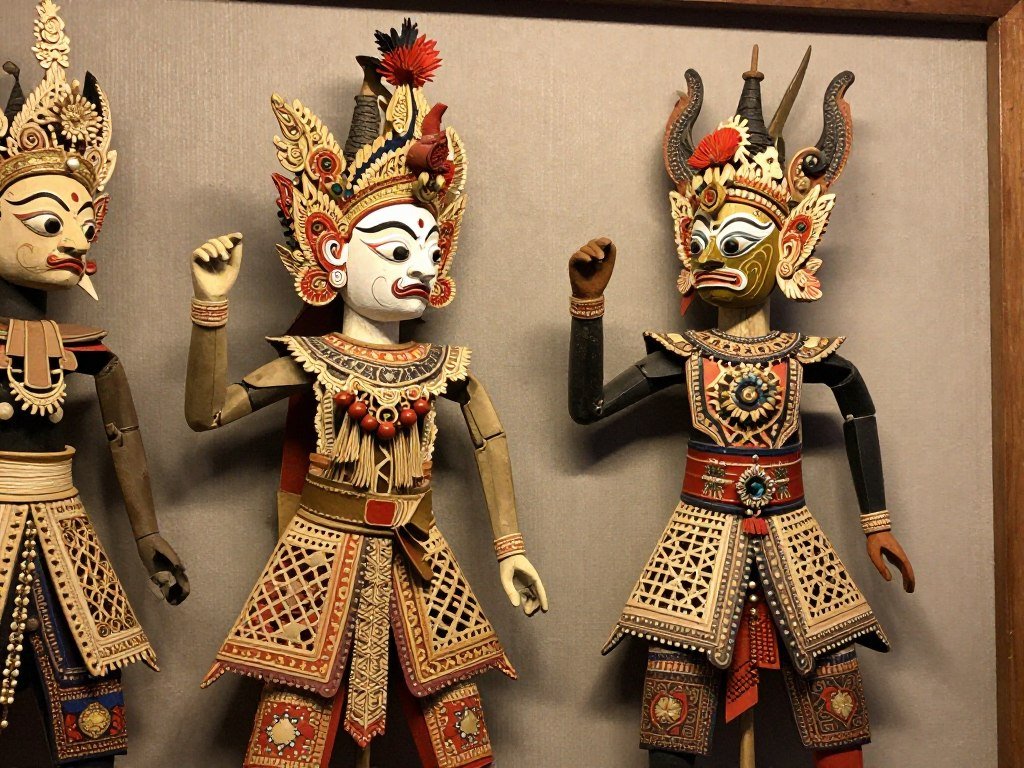 Close-up of ornate wayang golek wooden puppet face and costume