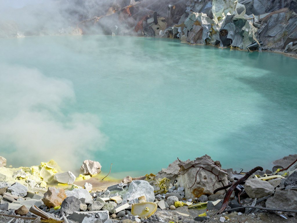 Close-up view of Kawah Putih turquoise water with volcanic rocks