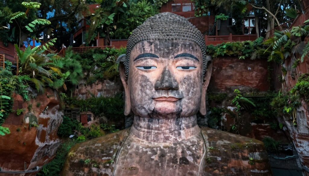 Close up view of Leshan Giant Buddha face and upper body