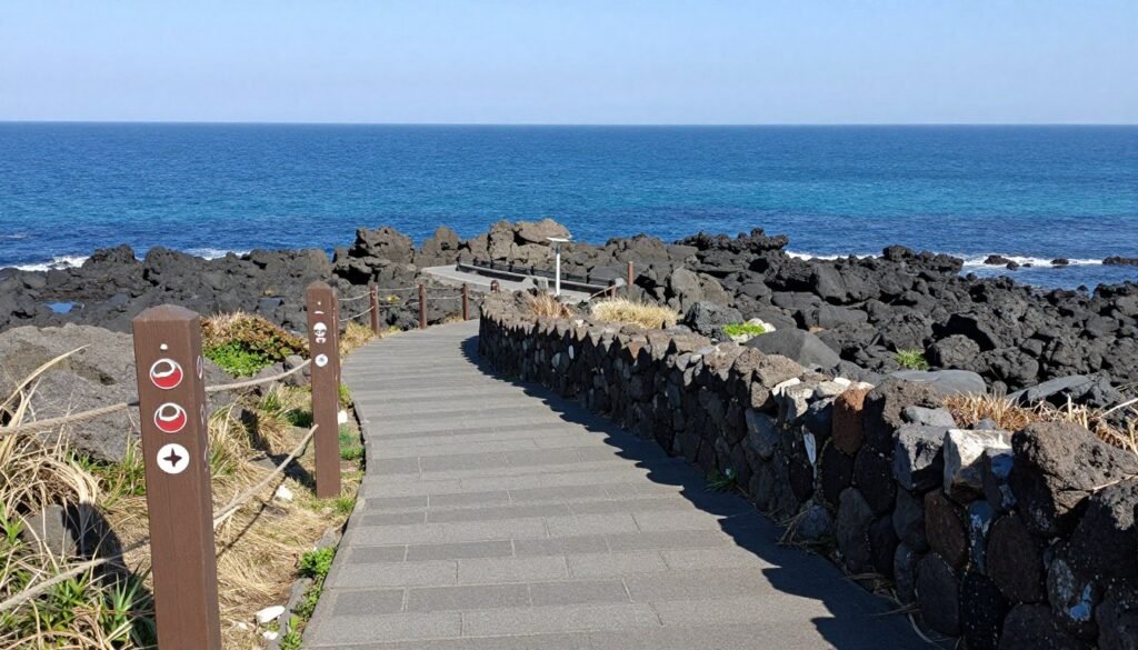 Coastal Olle trail path winding along Jeju's rocky shoreline with ocean views