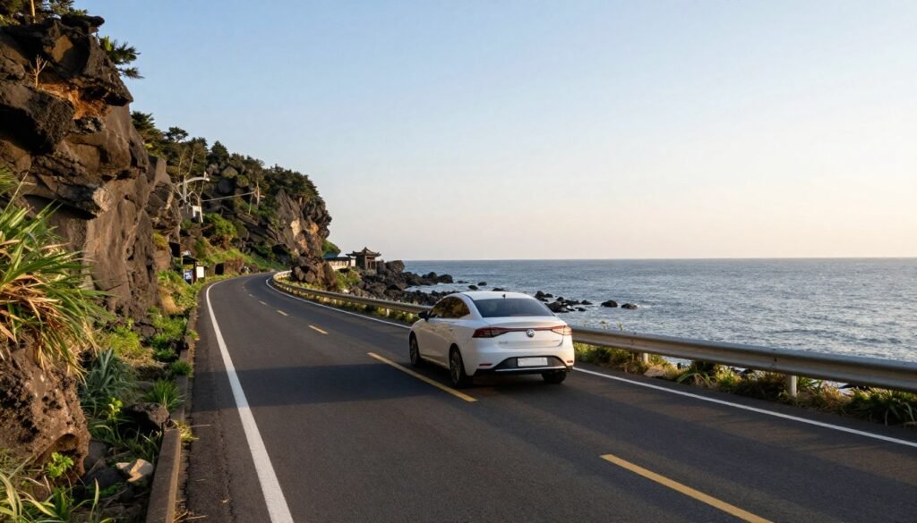 Coastal road along Jeju's eastern shore with car driving