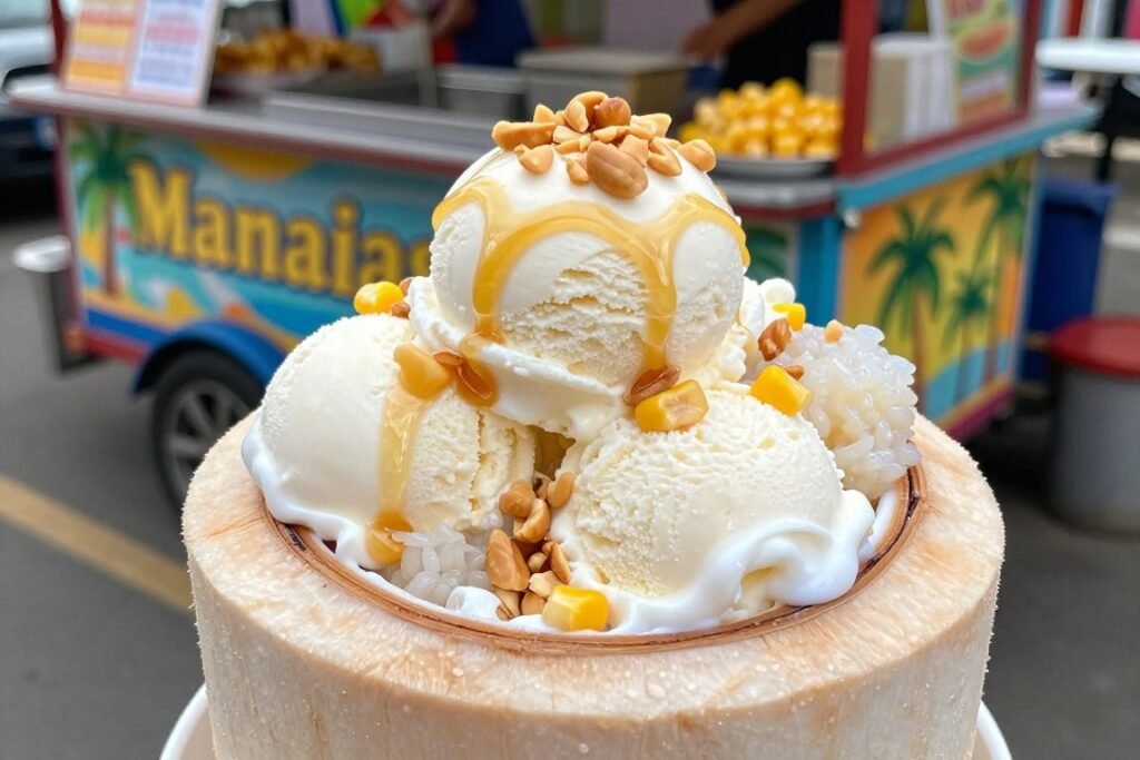 Coconut ice cream served in coconut shell with toppings showing traditional Bangkok street food dessert