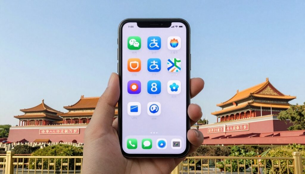 Collection of essential China travel apps displayed on smartphone home screen