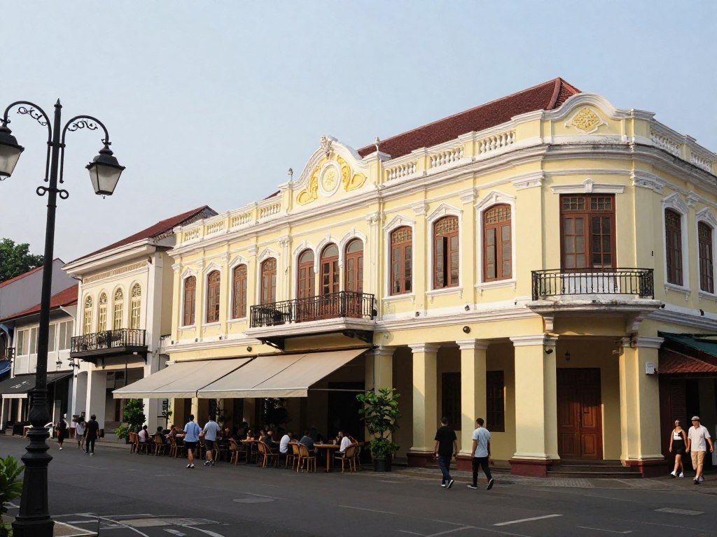 Colonial Dutch architecture buildings on Braga Street with cafes and boutiques