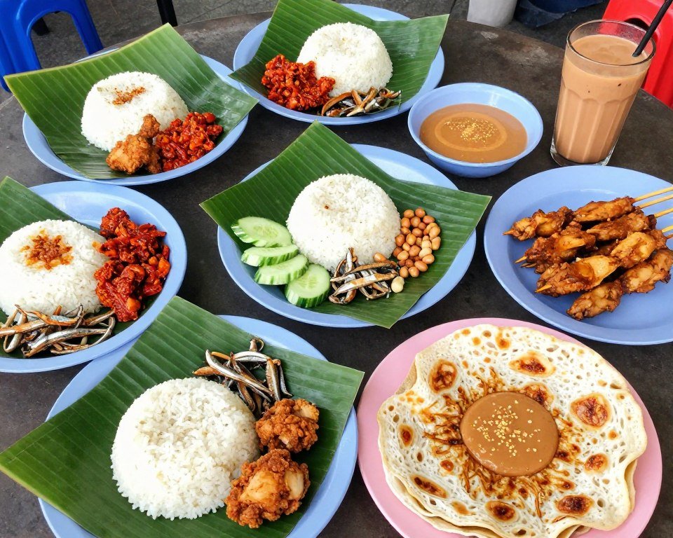 Colorful Malaysian street food spread with nasi lemak, satay, and local dishes