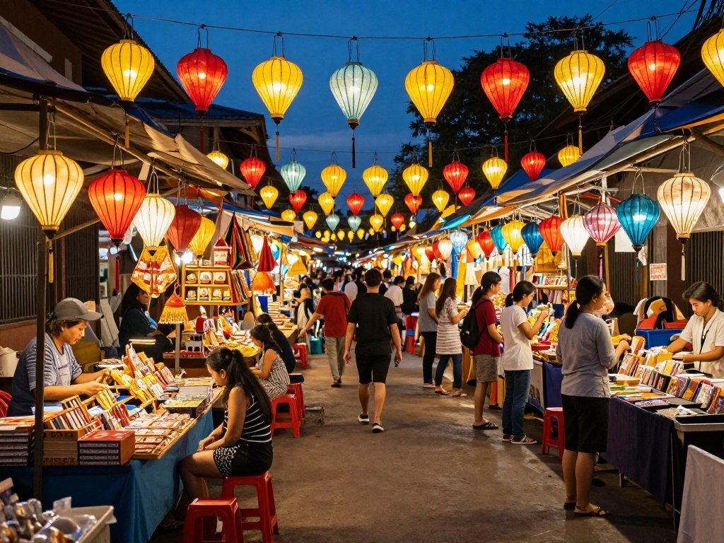 Colorful Siem Reap night market with lanterns and stalls