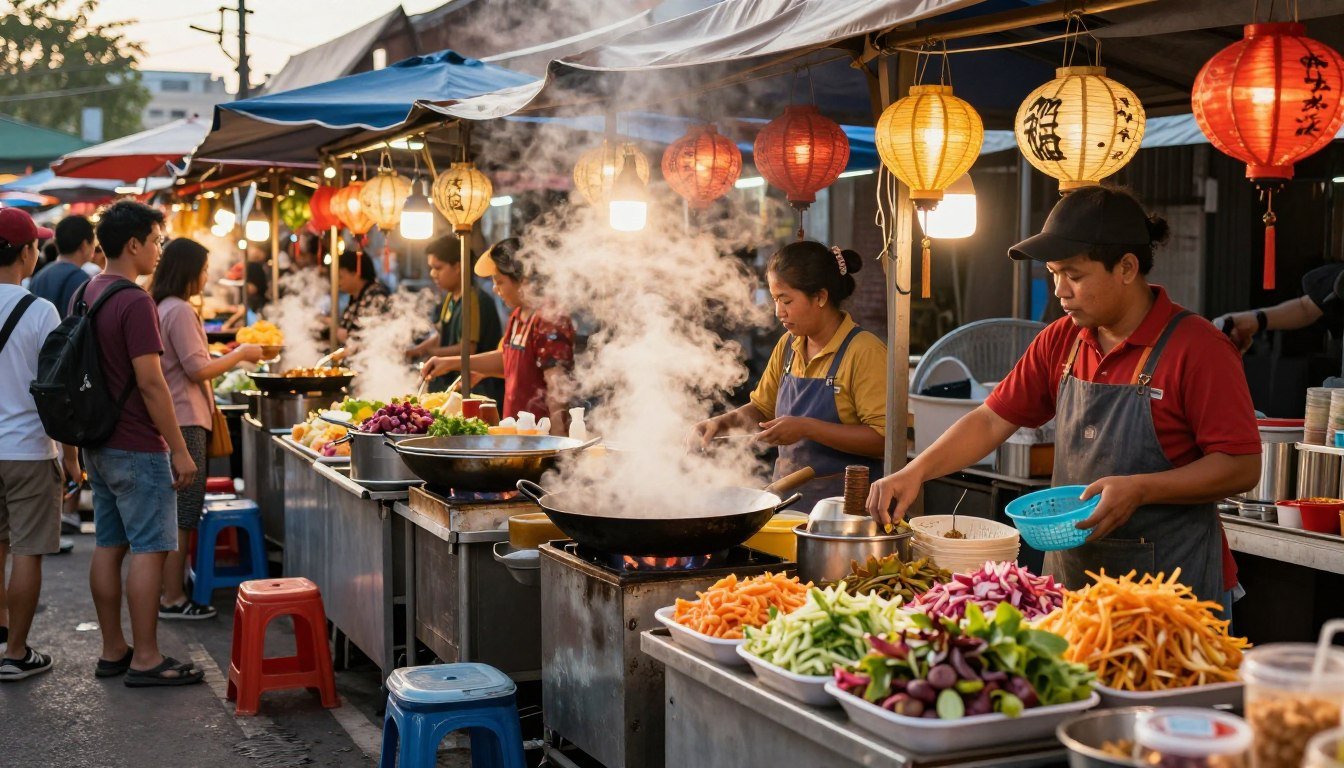 Colorful Southeast Asian street food market with vendors cooking traditional dishes