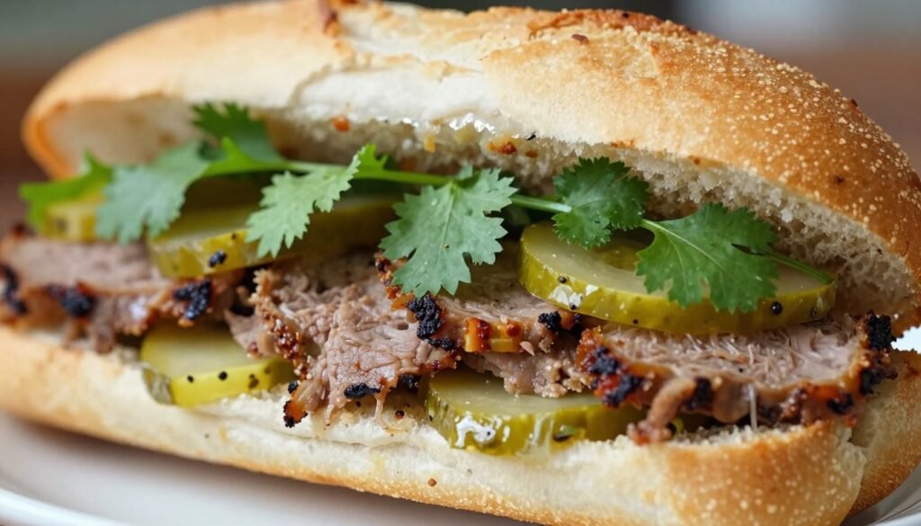 Colorful Vietnamese banh mi sandwich with fresh vegetables