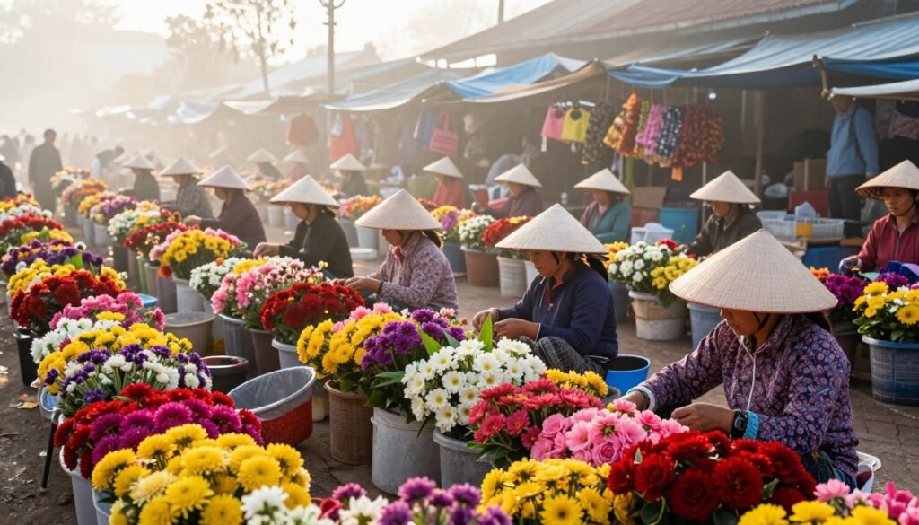 Colorful Vietnamese flower market at dawn with vendors selling fresh flowers and traditional conical hats