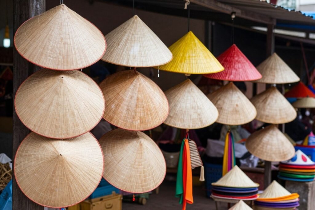 Colorful Vietnamese traditional conical hats at market