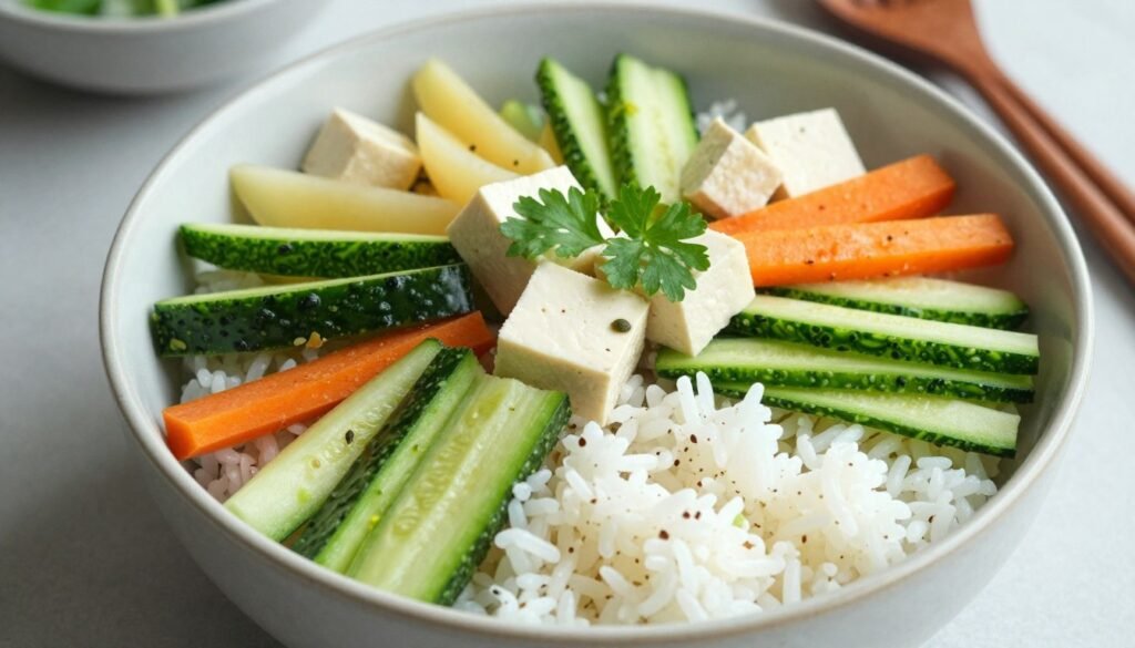 Colorful Vietnamese vegetarian rice bowl with tofu and vegetables