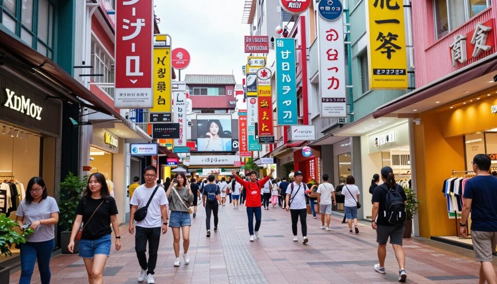 Colorful Ximending pedestrian street with shops and crowds