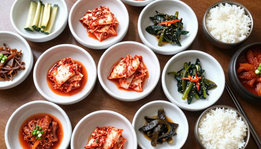 Colorful assortment of Korean banchan side dishes in small bowls on table